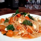 Spaghetti Al Telefono with Sungold Tomatoes, Mozzarella, and Basil