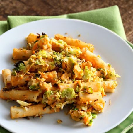 ZITI CHEDDAR BRUSSELS SPROUTS BAKE. VEGAN RECIPE
