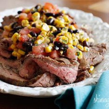 Grilled Flank Steak with Black Beans, Corn & Tomatoes