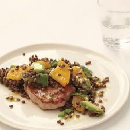 Pork with Lentil, Orange, Avocado, and Basil Salad