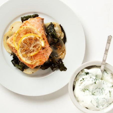 Salmon in Parchment Paper with Horseradish-Yogurt Sauce