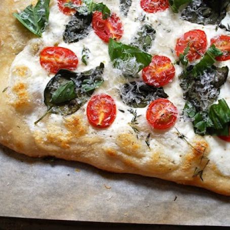 White Pizza with Ricotta, Yogurt, Tomatoes and Basil