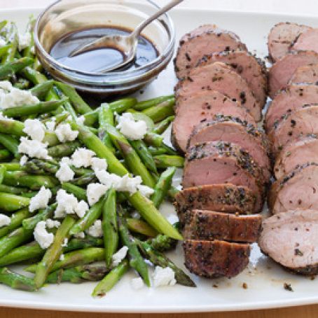Pepper Crusted Pork Tenderloin with Asparagus and Goat Cheese