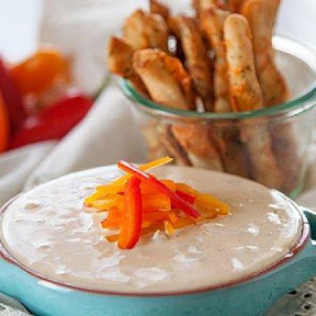 Green Chile Queso with Cheddar Oregano Breadsticks