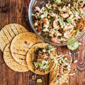 Grilled Shrimp Tacos Topped with Avocado and Grilled Pineapple