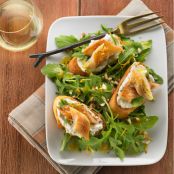 Smoked Trout Crostini with Boursin and Arugula in Orange-Almond Vinaigrette