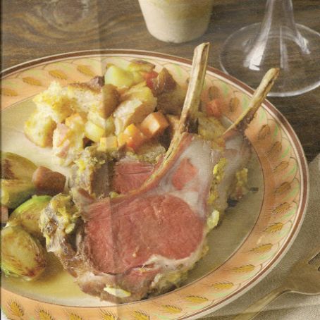 Lamb chops, mustard crusting, with roasted root vegetables and chestnut stuffing