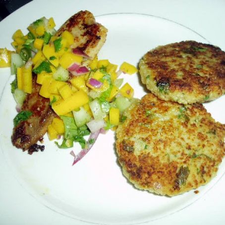 Cajun-fried Tilapia with Mango Salsa served with Couscous Cakes