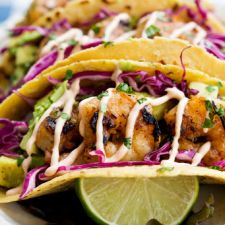 Honey Lime Shrimp Tequila Tacos With Avocado, Purple Slaw & Chipolte Crema