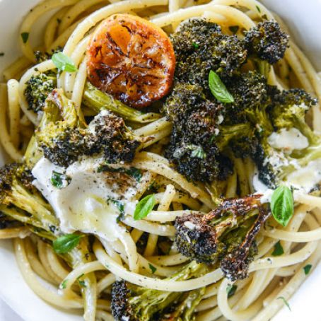 Blackened Broccoli Pasta with Charred Lemon and Goat Cheese