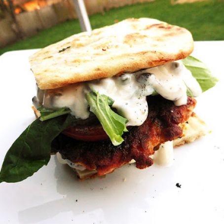 Blackened salmon burger with lemon caper aioli