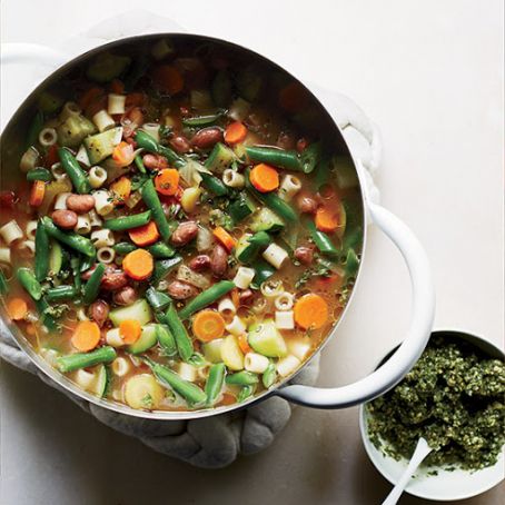 Summer Vegetable Soup with Carrot Top-Pumpkin Seed Pistou