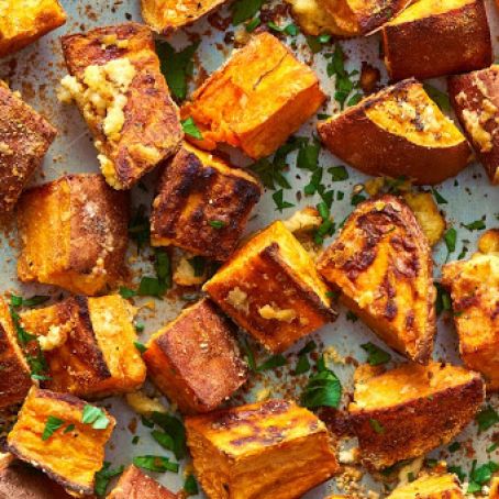 Garlicky Parmesan Sweet Potatoes
