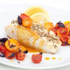 Pan-Seared Halibut with Roasted Heirloom Tomatoes