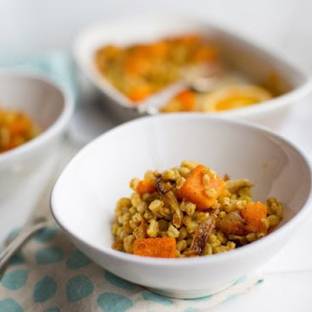 Baked Farro with Caramelized Onion, Butternut Squash & Garlic