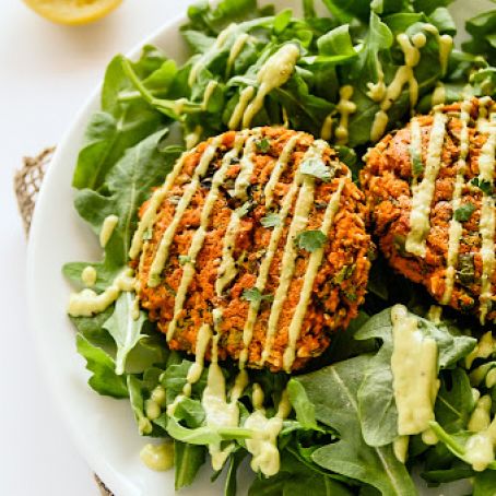 Sweet Potato & Lentil Cakes with Lemony Avocado Sauce