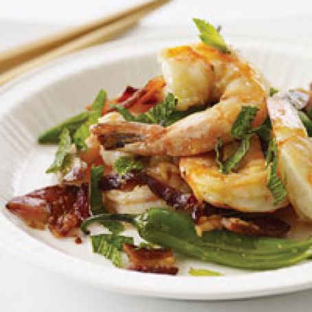 Stir Fried Shrimp with Bacon, Mint and Chiles