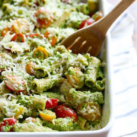 Healthy Baked Pesto Rigatoni
