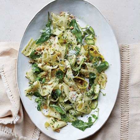 Pappardelle with Summer Squash and Arugula-Walnut Pesto