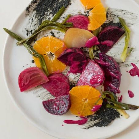 Beet Salad with Oranges, Grilled Scallions & Black Sesame Paste