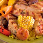 Grilled Meats and Vegetables over Saffron Orzo