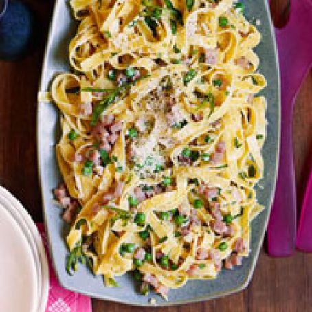 Egg Tagliatelle with Ham and Peas