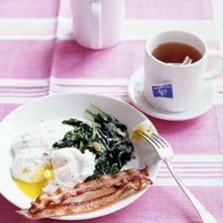 Poached Eggs with Bacon Grits and Wilted Spinach