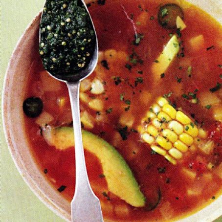 Mexican Fiesta Soup With Roasted Tomatillo and Cilantro Pesto