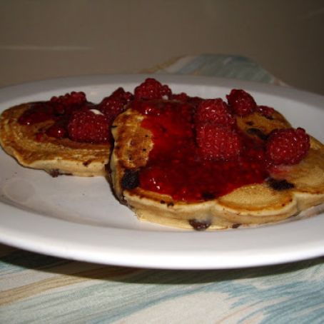 Chocolate Chip Coconut Flour Pancakes with Simple Raspberry Sauce