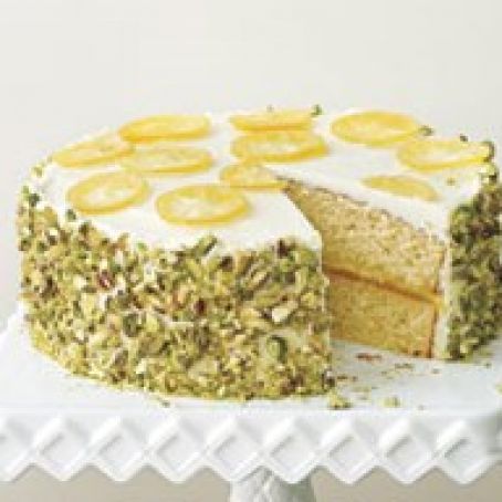Yellow Lemon Cake With Candied Lemons and Pistachios