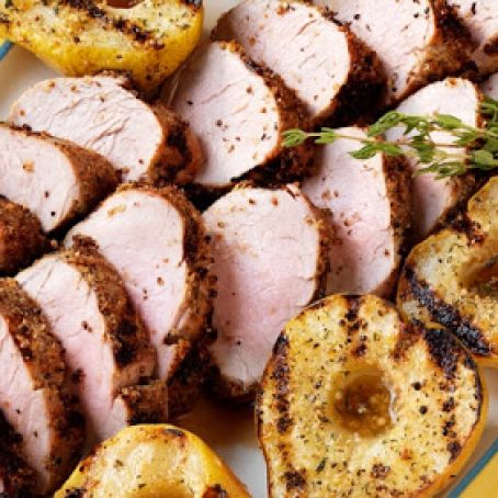 MUSTARD-CRUSTED PORK TENDERLOINS WITH GRILLED PEARS