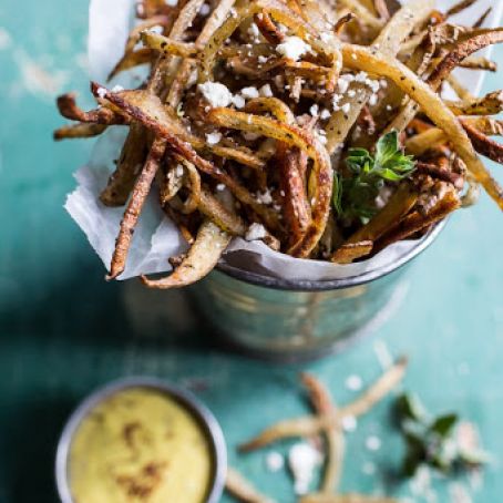 Greek Feta Fries with Roasted Garlic Saffron Aioli