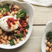 WHITE BEANS WITH BACON, POACHED EGGS AND HARISSA BUTTER