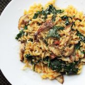 Pasta in Skillet with Mushrooms, Pancetta, and Wilted Greens