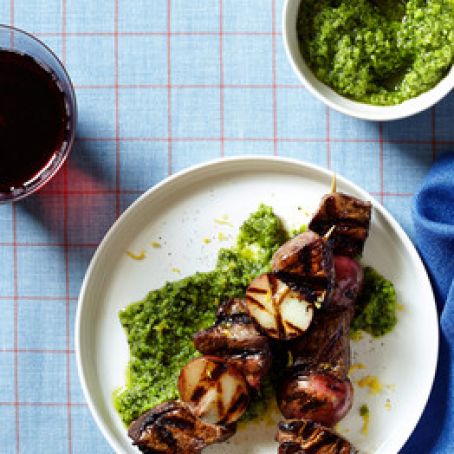 Grilled Lamb Skewers with Fava Bean Pesto