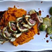 Stuffed Turkey Breast with Pancetta, Sage Pesto, Cranberry Glaze & Sweet Potato Purée