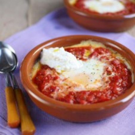 Baked Eggs in Creamy Polenta and Pepperoni Tomato Sauce