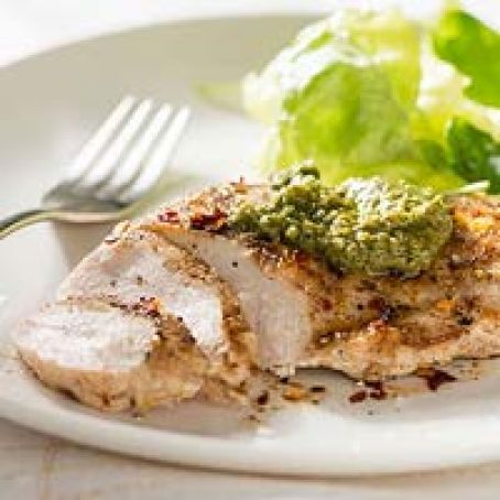 Lemon-Cumin Chicken with Mint and Spinach Pesto