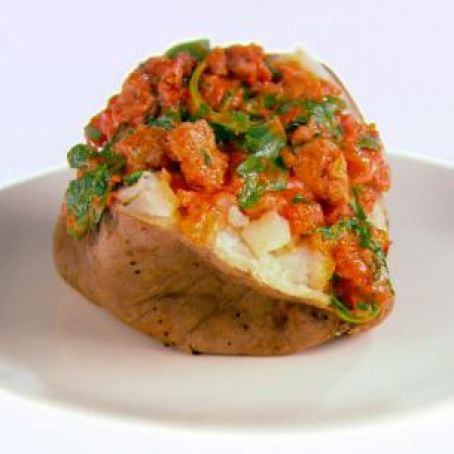 Baked Potatoes with Sausage and Arugula Sauce