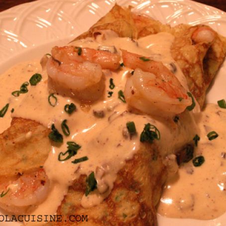 Shrimp Stuffed Crepes with Tasso Cream Sauce