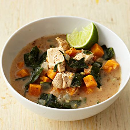 Almond Chicken Soup with Sweet Potato, Collards, and Ginger