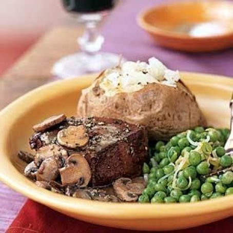 Fresh Herb-Coated Beef Tenderloin Steaks with Mushroom Gravy