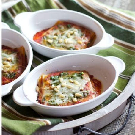 Speedy Mini Lasagna Stacks with Pesto and Marinara Sauce