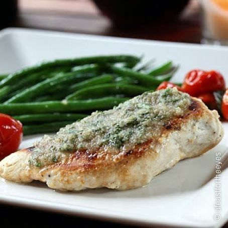 Pan-Fried Chicken Breasts with Walnut Aillade adapted from Cooking With The Two Fat Ladies by Wright and Paterson