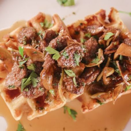 Cheddar-Black Pepper Waffles with Sausage and Apples Maple Agrodolce