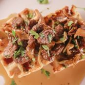 Cheddar-Black Pepper Waffles with Sausage and Apples Maple Agrodolce