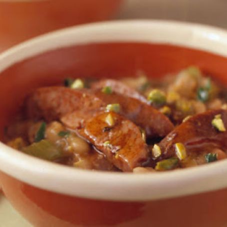 Marrow Beans with Merguez, Pistachio and Honey