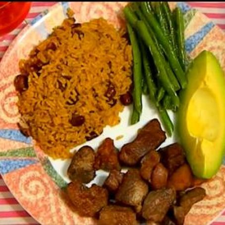 Carne Frita with Arroz con Habichuelas (Fried Pork Chunks with Rice and Beans)