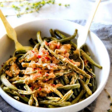 Roasted Green Beans with Creamy Gruyere Sauce and Bacon