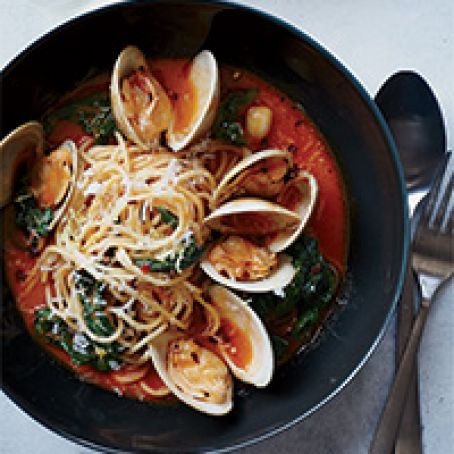 Spaghetti with Clams and Braised Greens